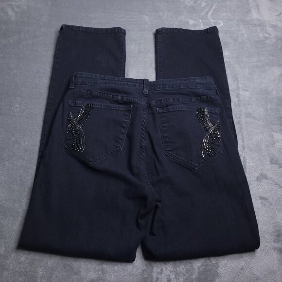 NYDJ Womens Straight Leg Jeans 12 Mid Rise Black Rhinestone Pockets Slimming - Picture 2 of 9